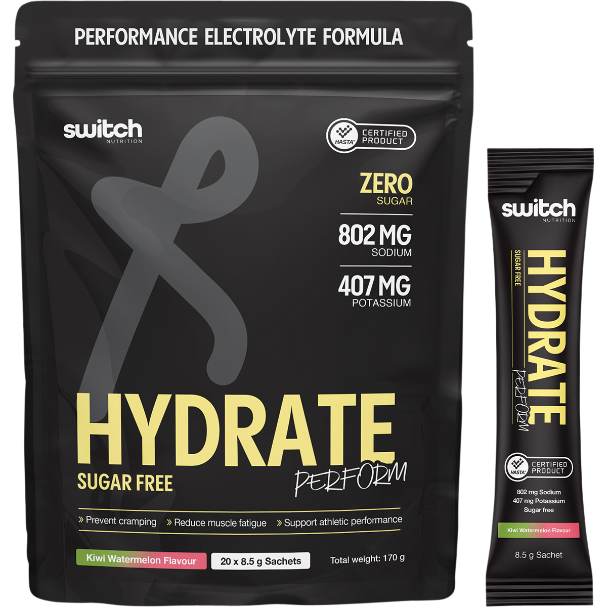 Switch Nutrition Perform Hasta Hydrate Sugar Free Kiwi Watermelon 20x8.5g – product and sachets
