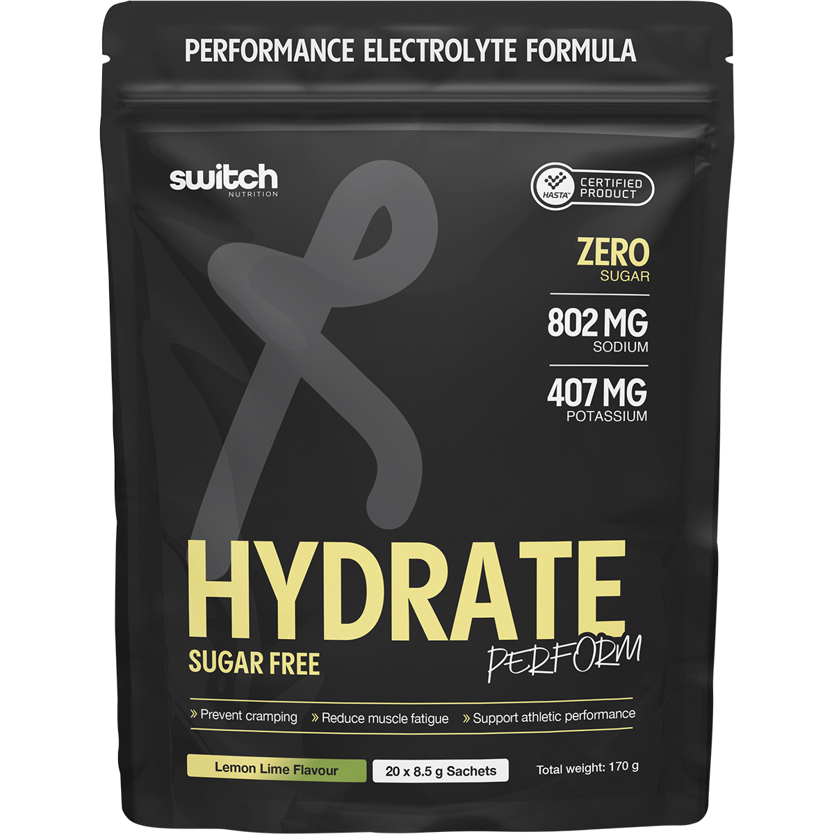 Switch Nutrition Perform Hasta Hydrate Sugar Free Lemon Lime 20x8.5g – front packaging
