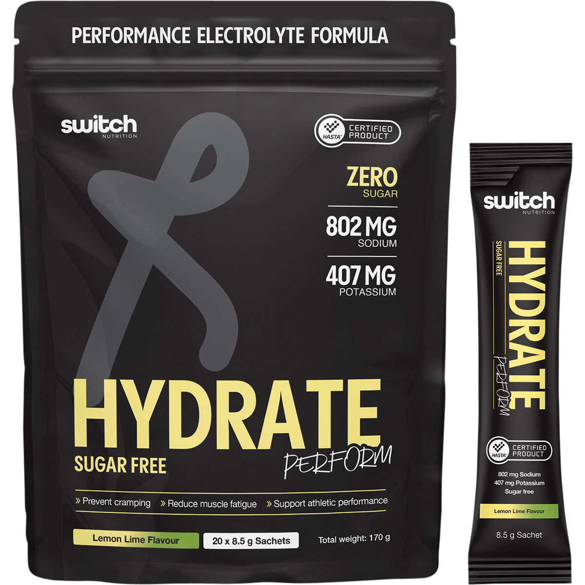 Switch Nutrition Perform Hasta Hydrate Sugar Free Lemon Lime 20x8.5g – product and sachets