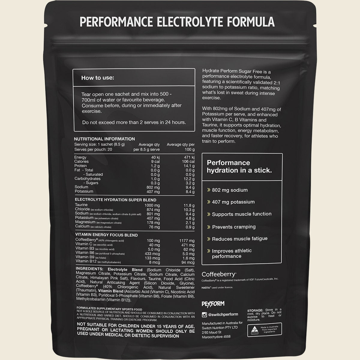 Switch Nutrition Perform Hasta Hydrate Sugar Free Lemon Lime 20x8.5g Back