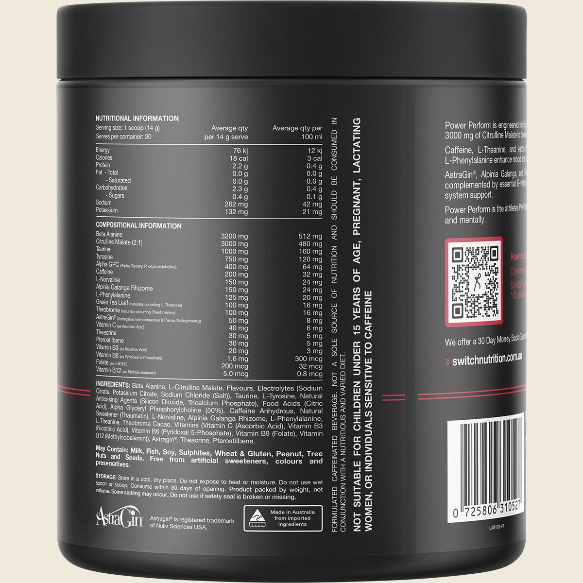 Switch Nutrition Perform Hasta Power Pre-Workout Blend Strawberry Kiwi 420g Back