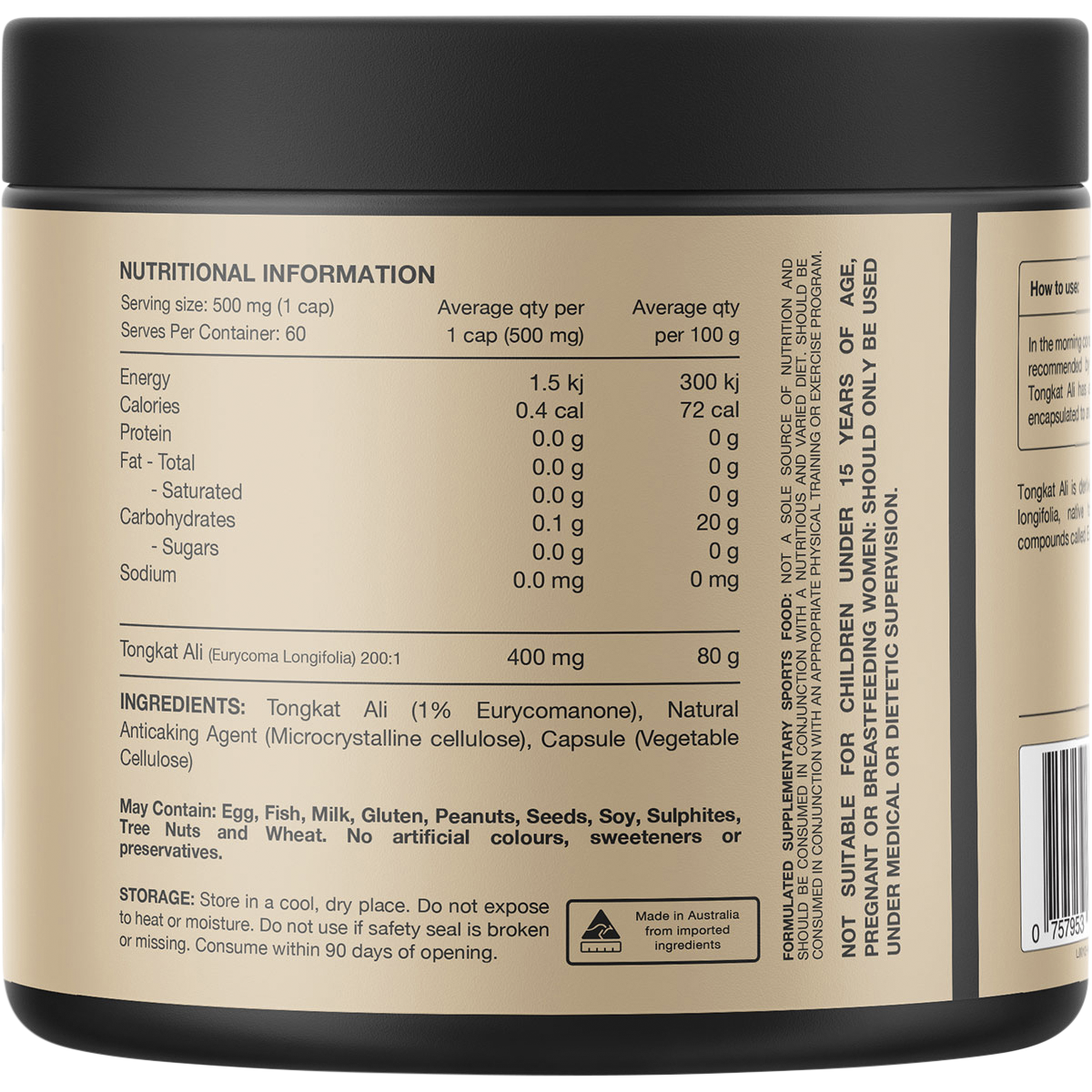 Switch Nutrition Tongkat Ali 100% Pure Tongkat Ali 60 Caps – back label