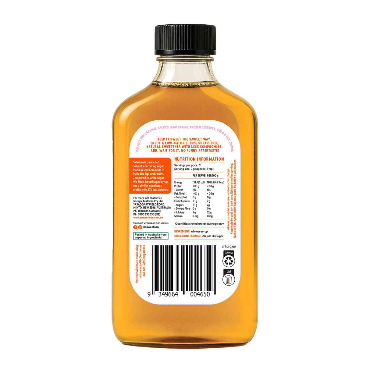 Saweet Way Pure Allulose Natural Sweetener Syrup 430g Back