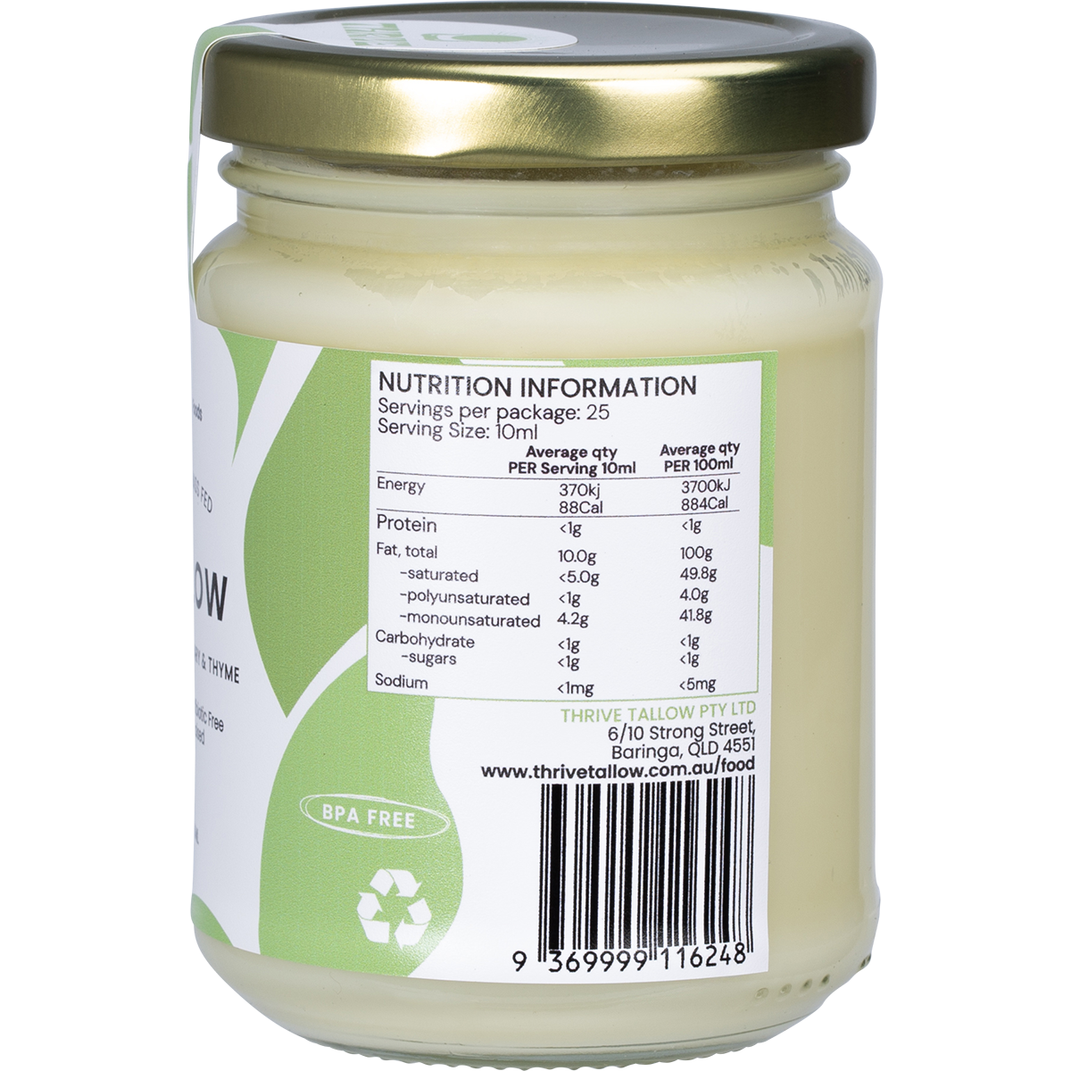 Thrive Tallow 100% Grass Fed Tallow Garlic, Rosemary & Thyme 250ml - right side view