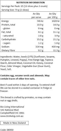 Venerdi Paleo Bread Super Seeded 550g Nutritional Information