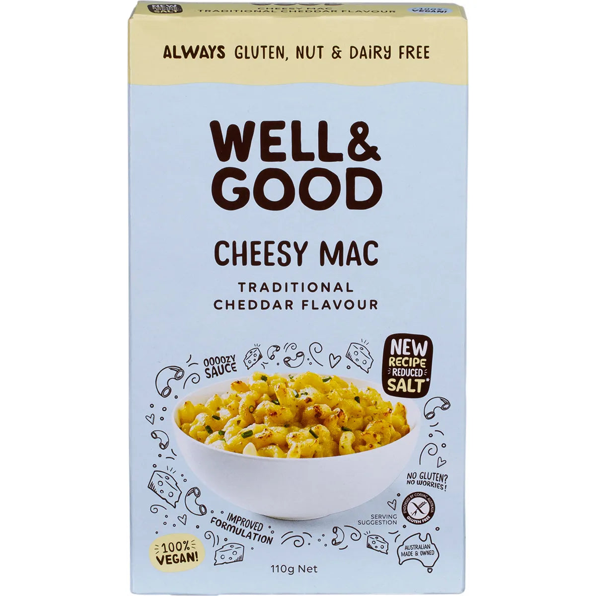 Well & Good Cheesy Mac Traditional Cheddar Flavour 110g