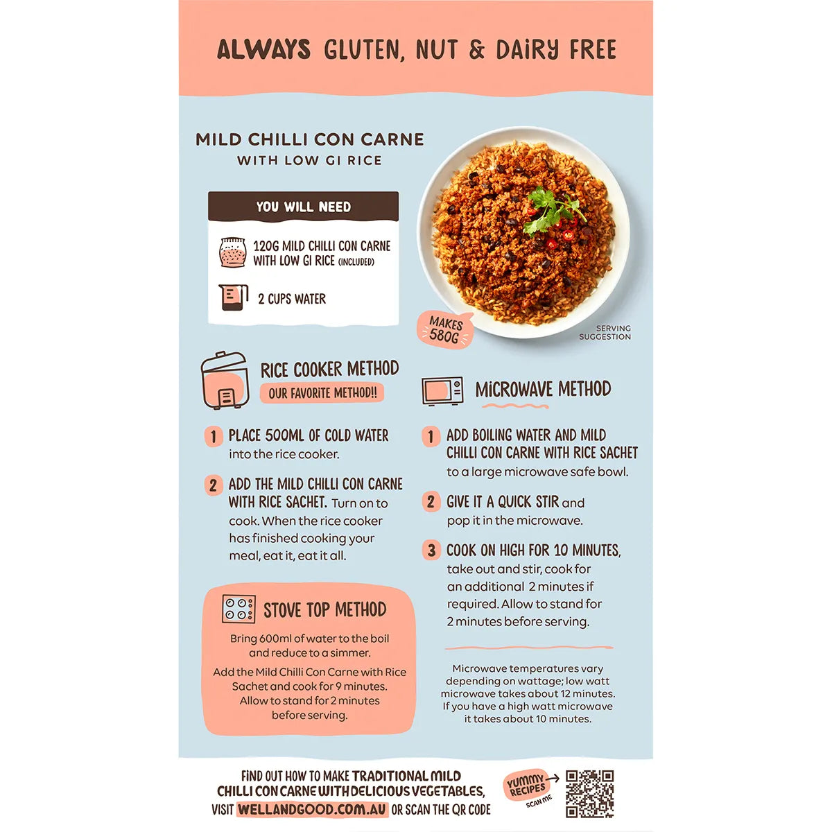Well & Good Mild Chilli Con Carne with Low GI Rice 120g