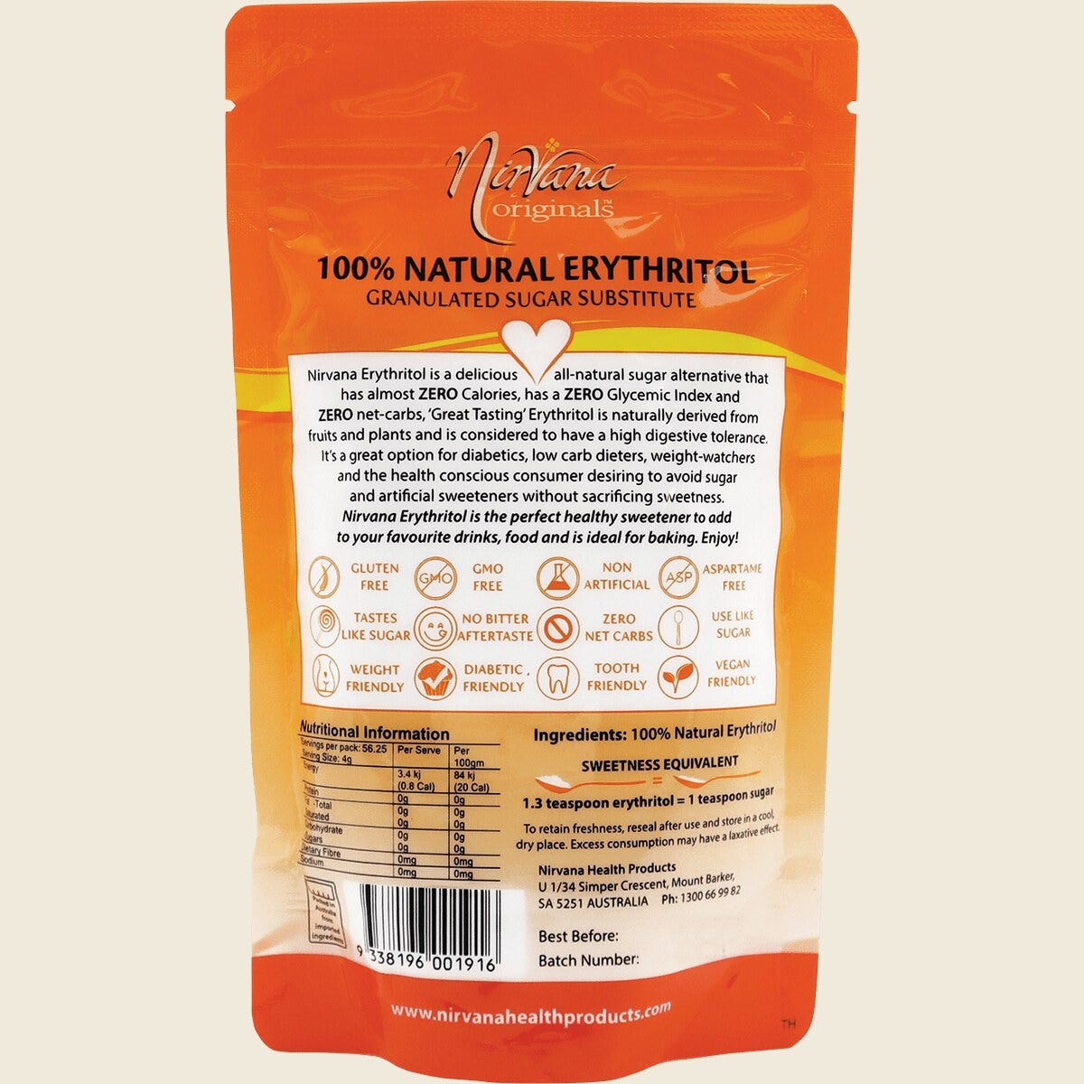 Nirvana Originals Erythritol 100% Natural 225g Back