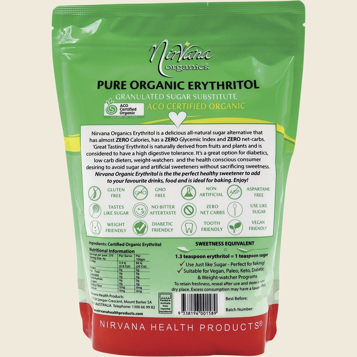 Nirvana Organics Erythritol Pure Organic 1.5kg Back