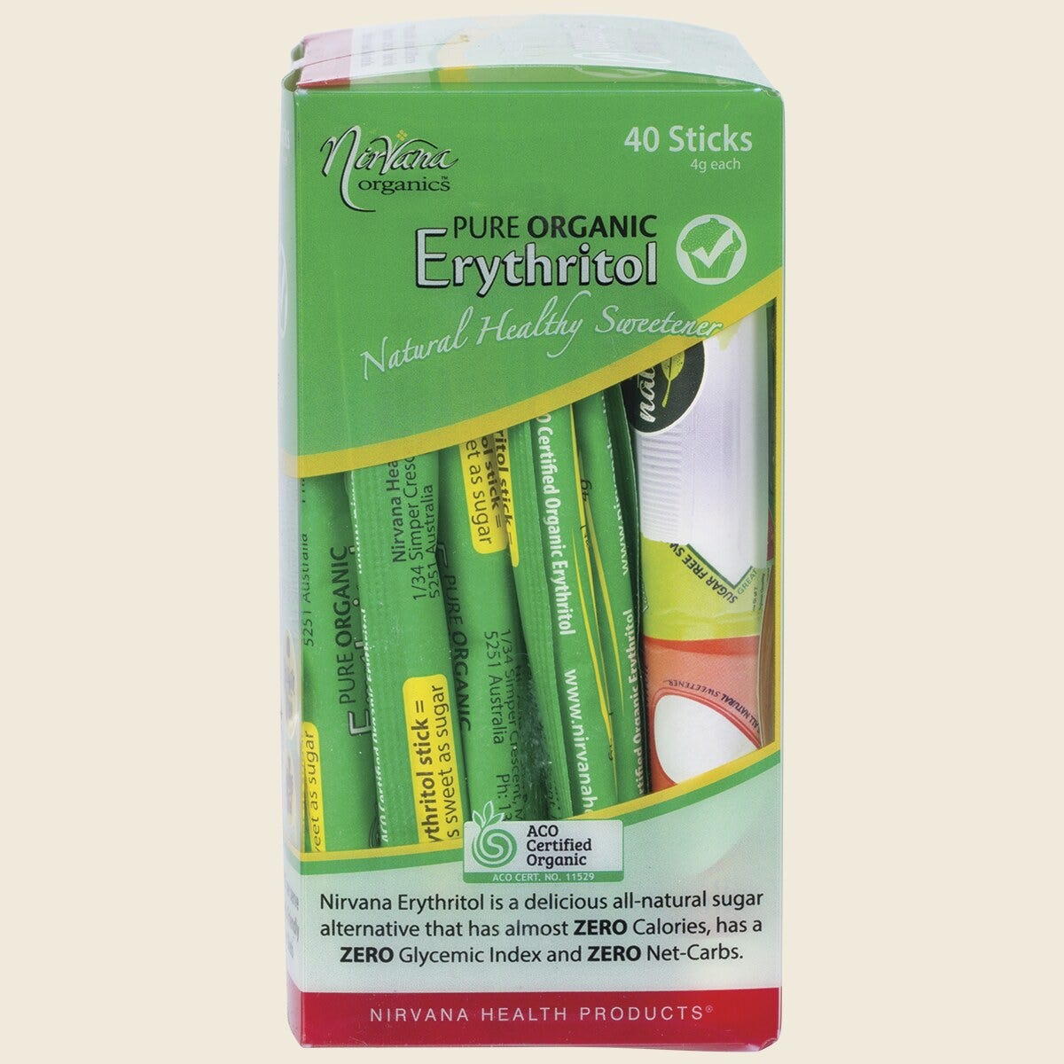 Nirvana Organics Erythritol Pure Organic Sticks 40 x 4g Side Right