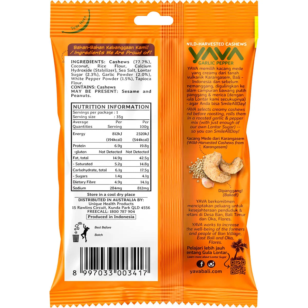 Yava Wild-Harvested Cashews Garlic Pepper 35g x 10