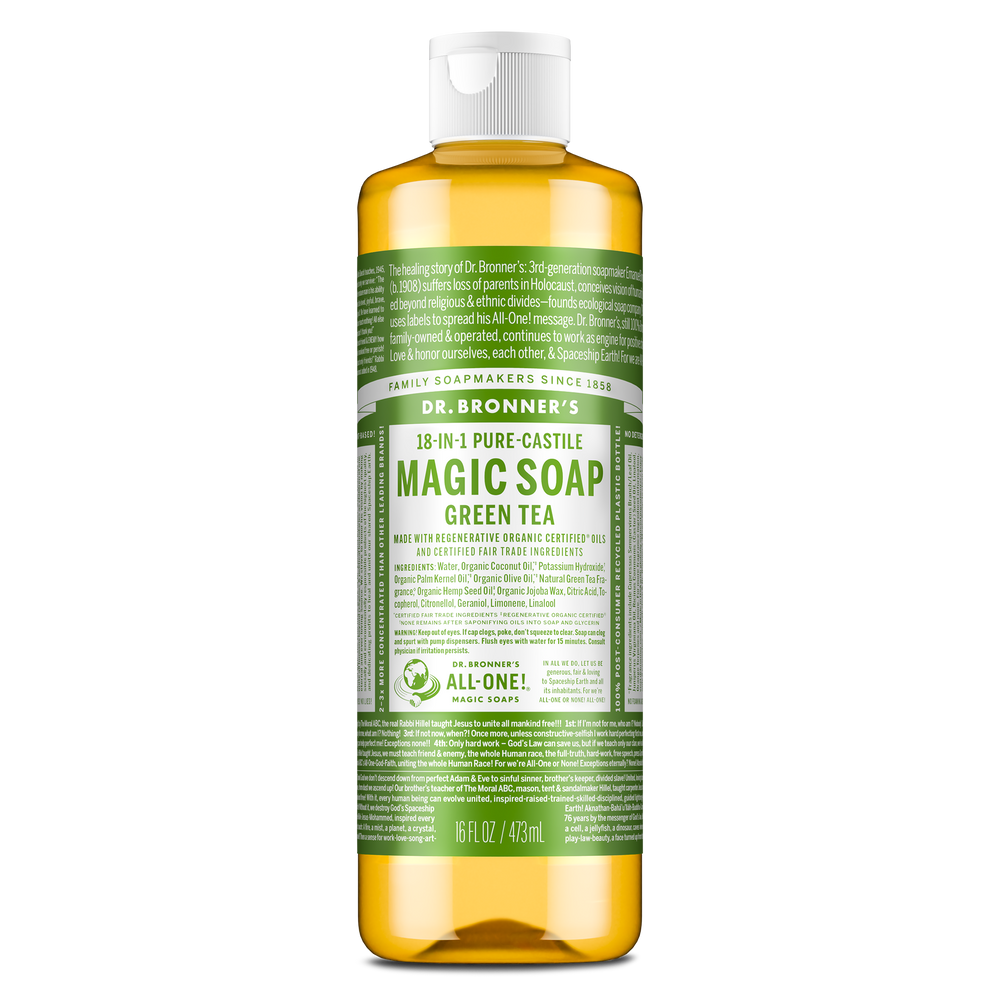 Dr. Bronner's Pure-Castile Magic Soap Liquid (18-In-1) Green Tea 473mL Front