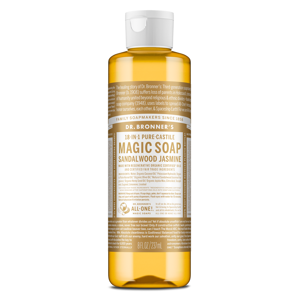 Dr. Bronner's Pure-Castile Magic Soap Liquid (18-In-1) Sandalwood Jasmine 237mL Front