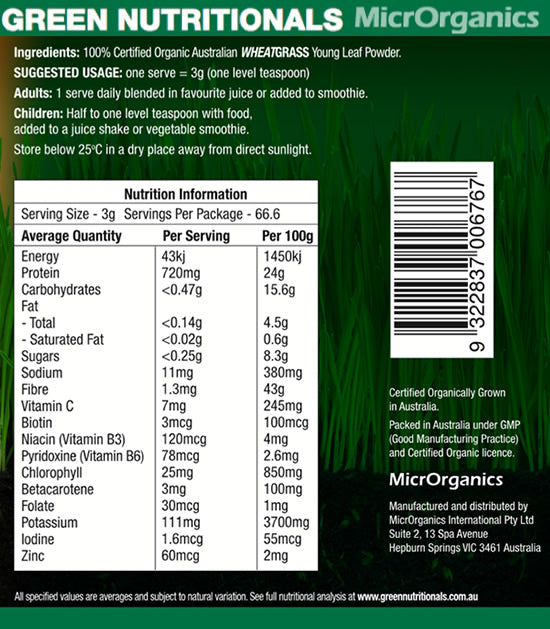 Green Nutritionals Organic Australian WheatGrass 200g Powder
