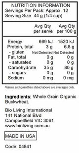 Bob's Red Mill Certified Organic Creamy Buckwheat Cereal 510g nutrtional information