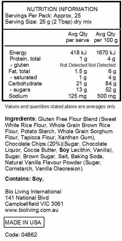 Bob's Red Mill Gluten Free Choc Chip Cookie Mix 623g nutrtional information