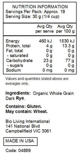 Bob's Red Mill Certified Organic Whole Grain Dark Rye Flour 567g nutrtional information