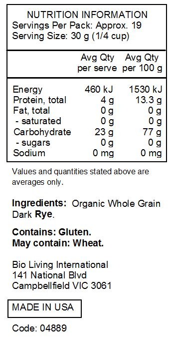 Bob's Red Mill Certified Organic Whole Grain Dark Rye Flour 567g nutrtional information