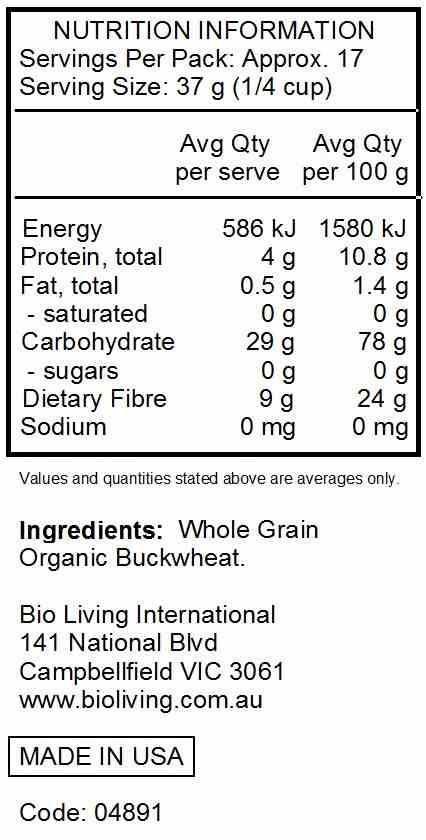 Bob's Red Mill Certified Organic Buckwheat Flour 623g nutrtional information