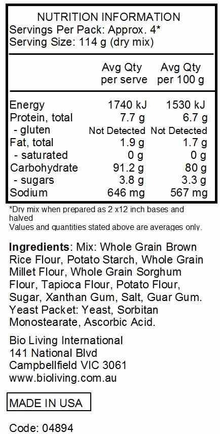 Bob's Red Mill Gluten Free Pizza Crust Mix 454g nutrtional information