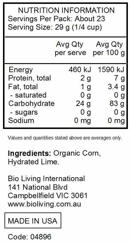 Bob's Red Mill Certified Organic Masa Harina Pouch 680g nutrtional information