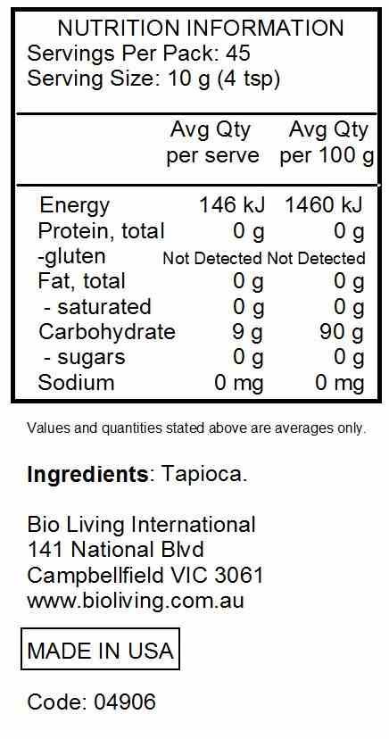 Bob's Red Mill Gluten Free Tapioca Flour (Sulphur Free) 454g nutrtional information