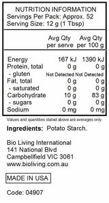 Bob's Red Mill Potato Starch Unmodified 623g nutrtional information