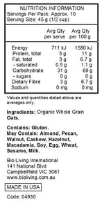 Bob's Red Mill Certified Organic Quick Cooking Rolled Oats 454g nutrtional information