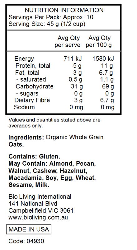 Bob's Red Mill Certified Organic Quick Cooking Rolled Oats 454g nutrtional information