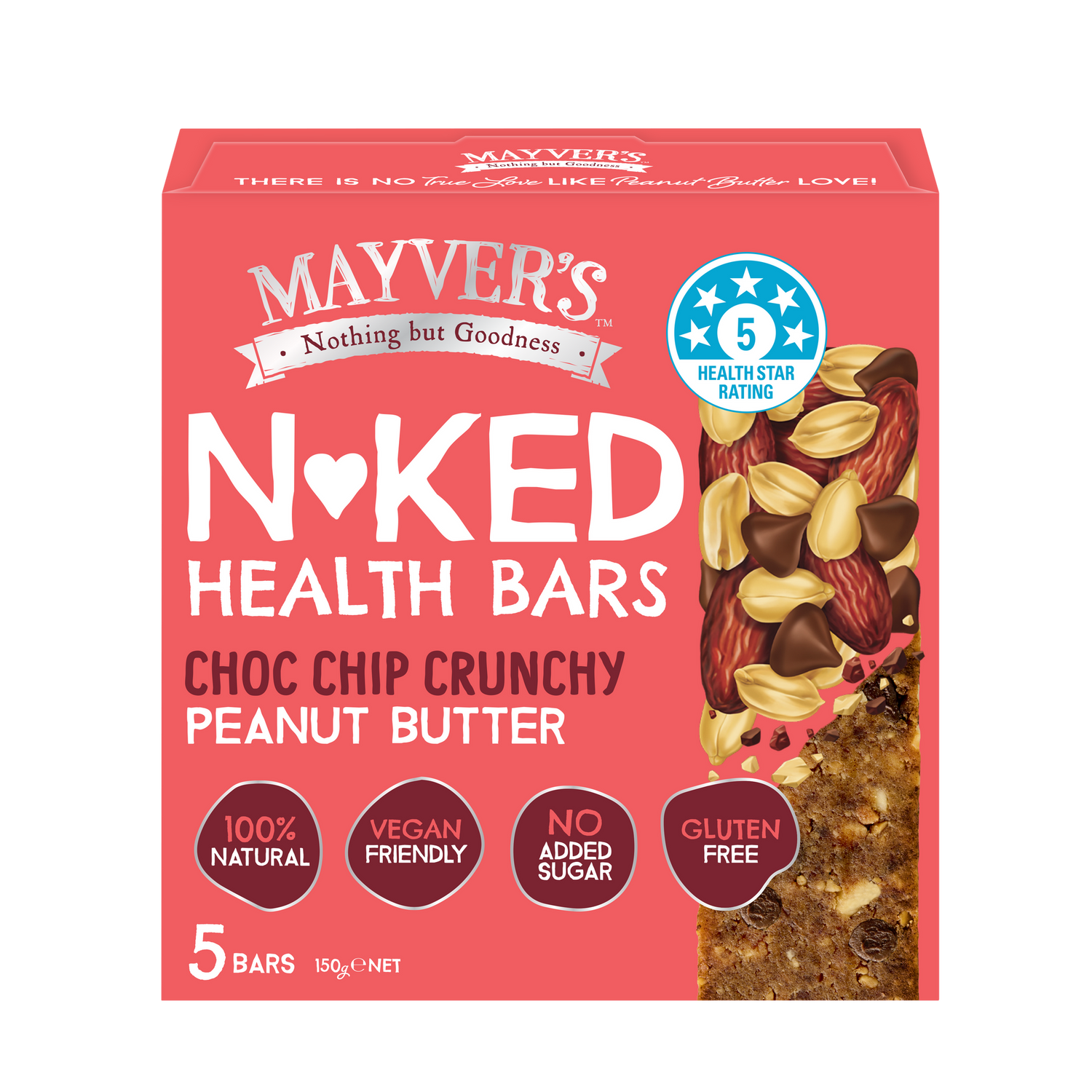 Mayver’s Naked Health Bars Choc Chip Crunchy Peanut Butter 150g x 5 bars Front
