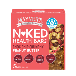 Mayver’s Naked Health Bars Choc Chip Crunchy Peanut Butter 150g x 5 bars Front