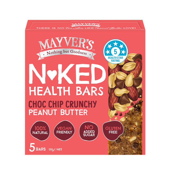 Mayver’s Naked Health Bars Choc Chip Crunchy Peanut Butter 150g x 5 bars Front