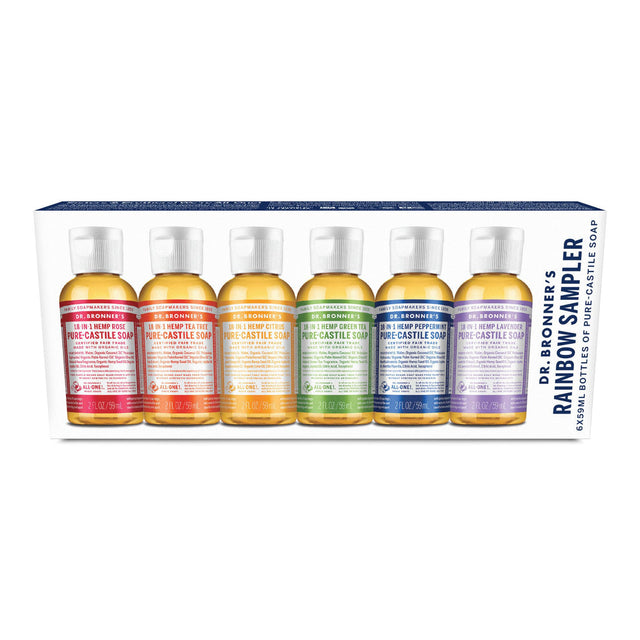 Dr. Bronner's Pure-Castile Soap Liquid (Hemp 18-In-1) Rainbow Sampler 59mL X 6 Pack Front