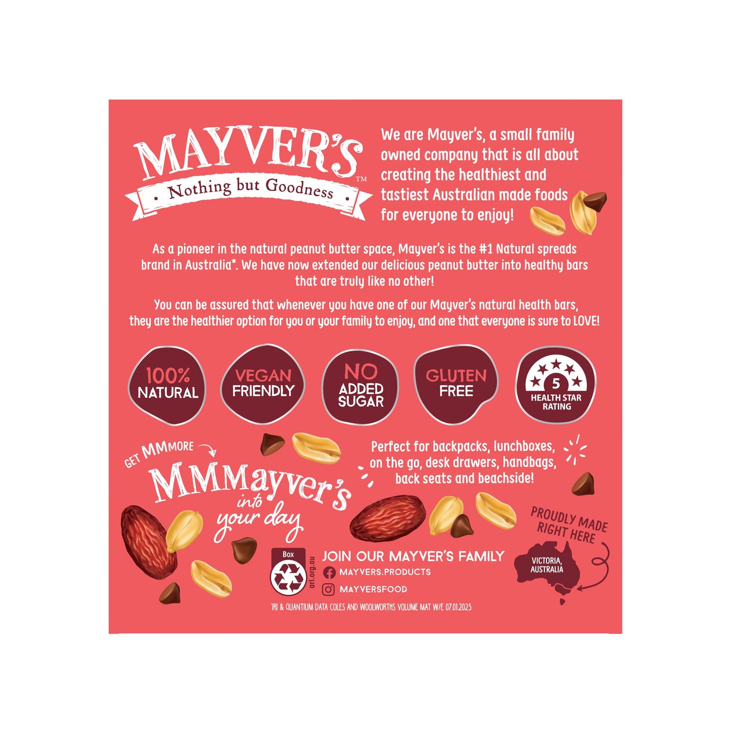 Mayver’s Naked Health Bars Choc Chip Crunchy Peanut Butter 150g x 5 bars Back