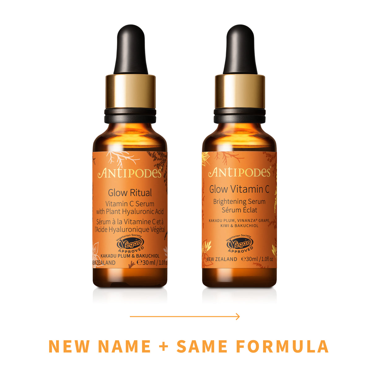Side by side Antipodes Glow Ritual Vitamin C Serum and Glow Vitamin C Brightening Serum showing new name with same formula