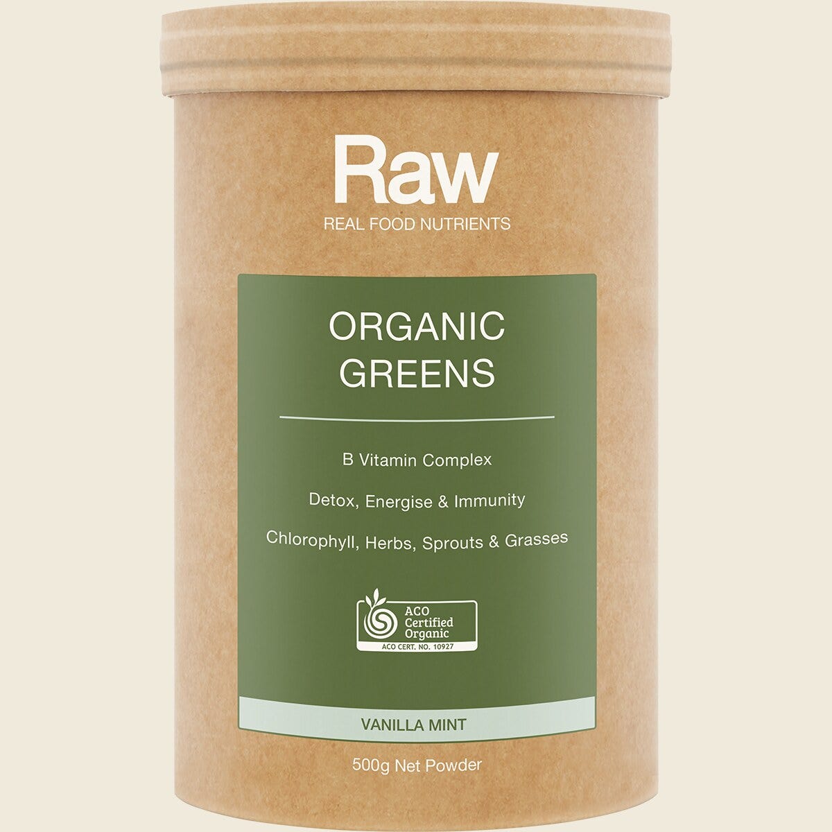 Amazonia Raw Organic Greens Vanilla Mint 500g Front