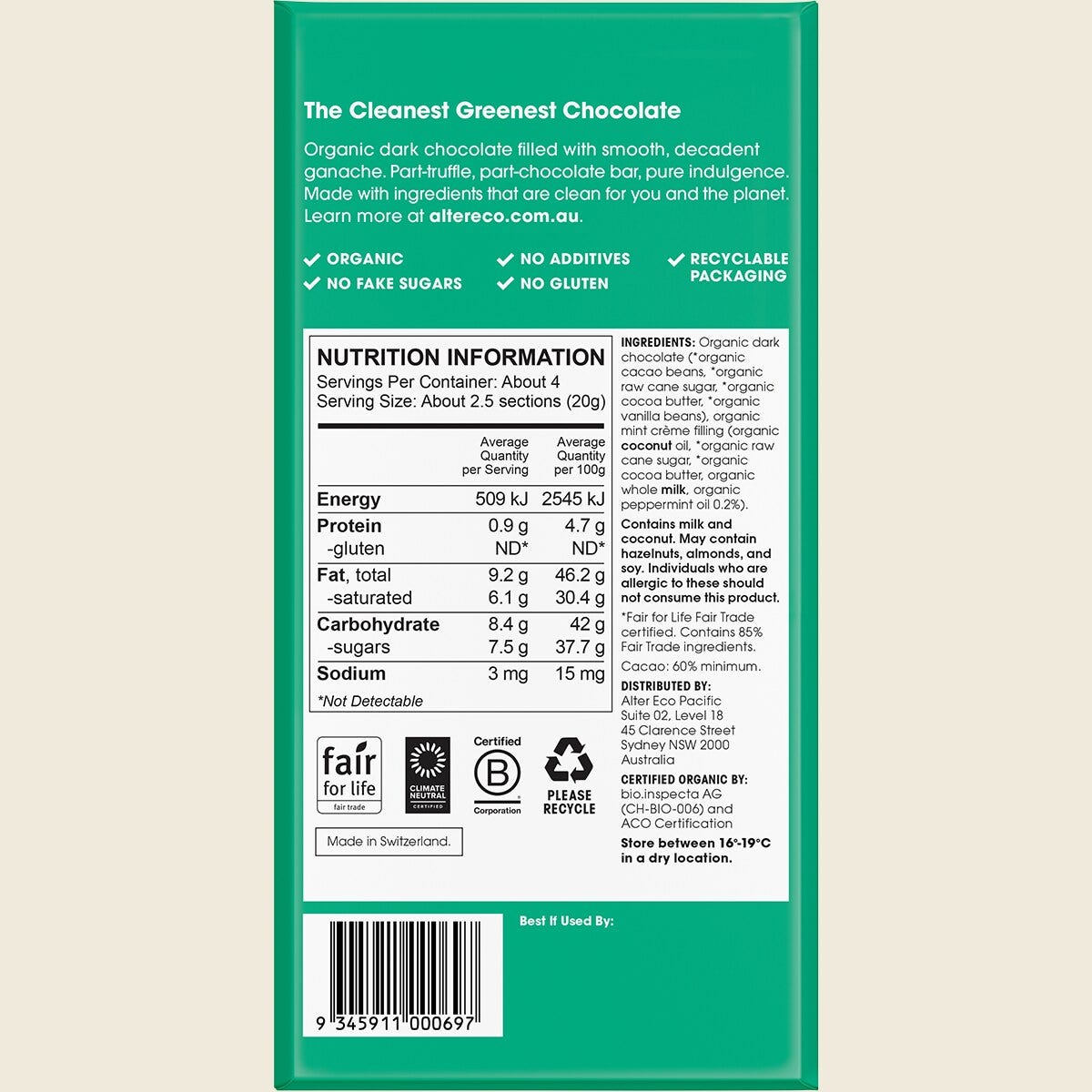 Alter Eco Chocolate Organic Mint Creme Dark Truffle Thins – back packaging