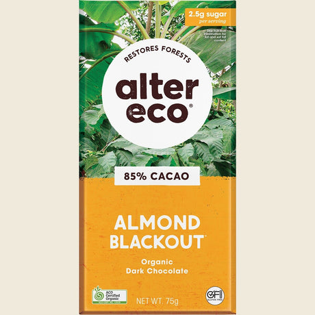 Alter Eco Chocolate Organic Dark Almonds Blackout 75g Pack of 12 Front