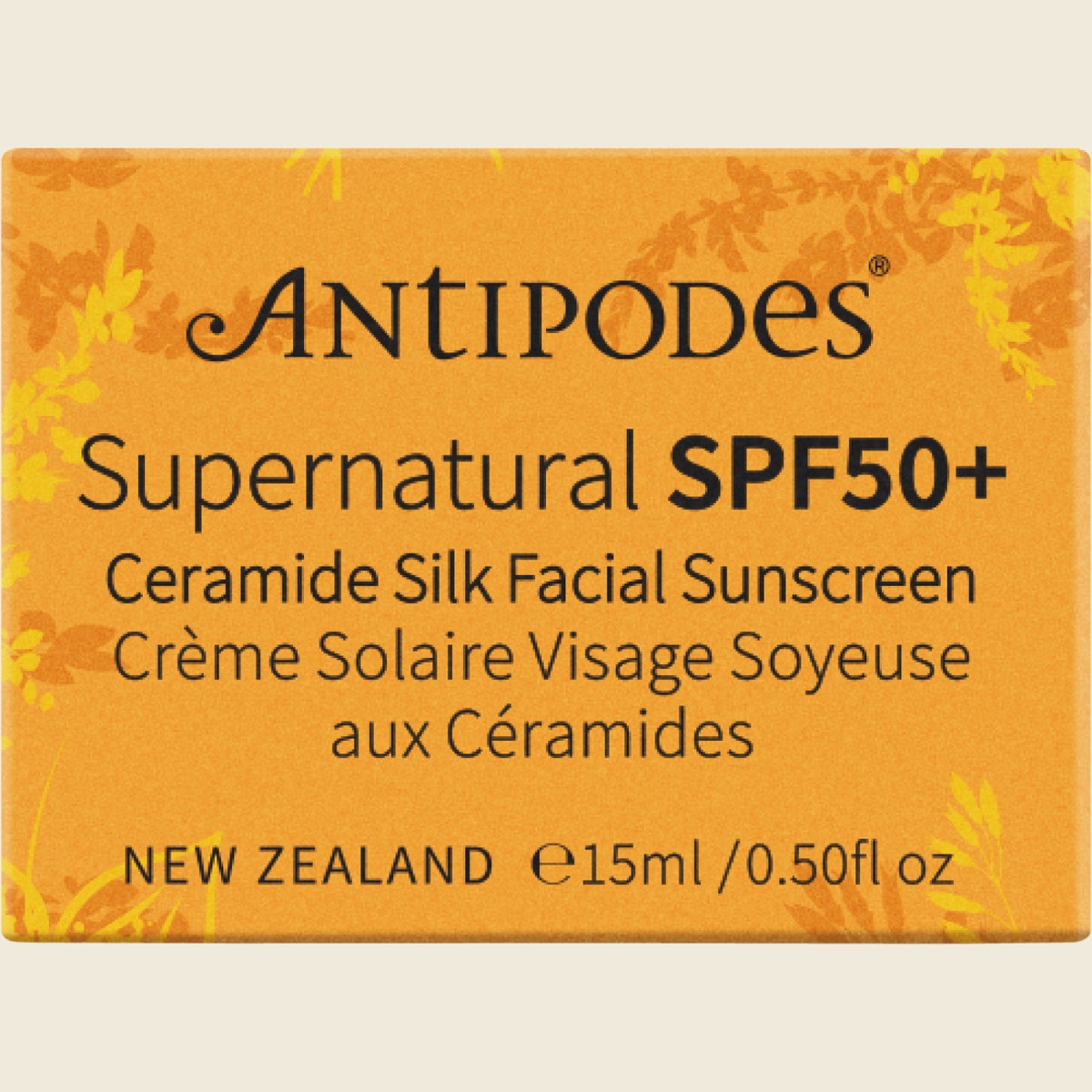 Antipodes Supernatural SPF50+ Ceramide Silk Facial Sunscreen Mini 15ml Box Front