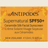 Antipodes Supernatural SPF50+ Ceramide Silk Facial Sunscreen Mini 15ml Box Front