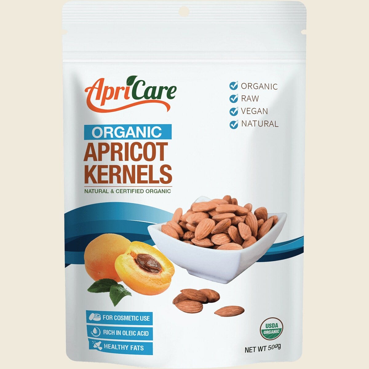Apricare Certified Organic Raw Apricot Kernels 500g – front product image