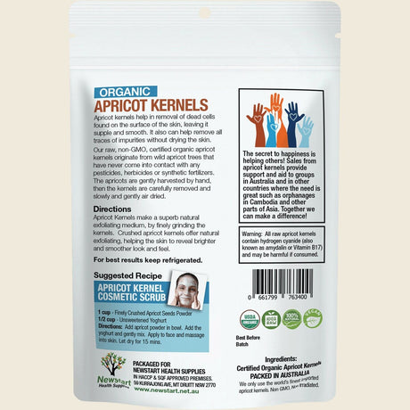 Apricare Certified Organic Raw Apricot Kernels 500g – back packaging