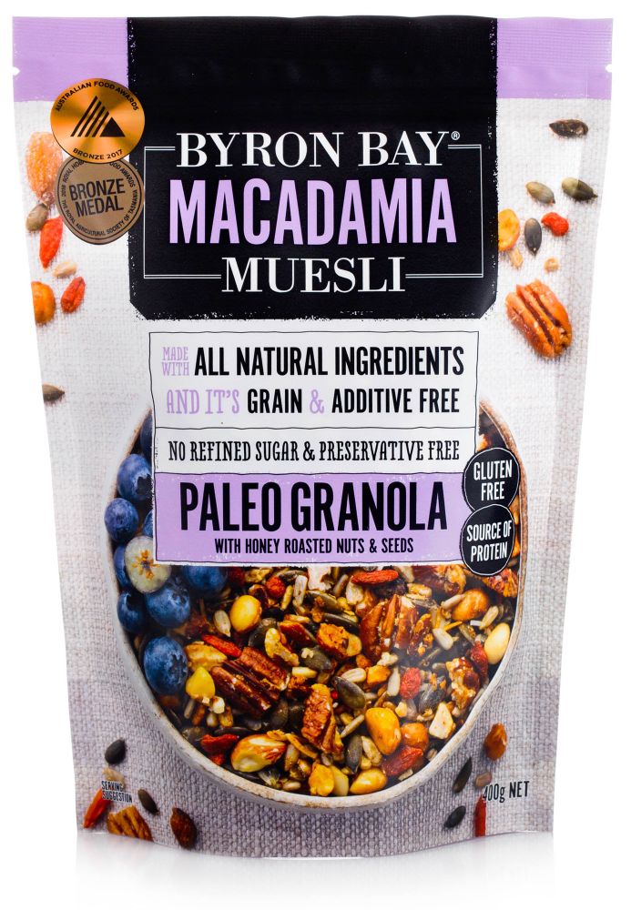Byron Bay Macadamia Muesli Gluten Free Paleo Granola Honey Roasted 375g Front