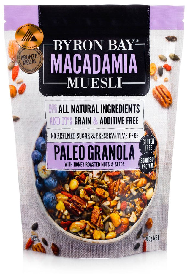 Byron Bay Macadamia Muesli Gluten Free Paleo Granola Honey Roasted 375g Front