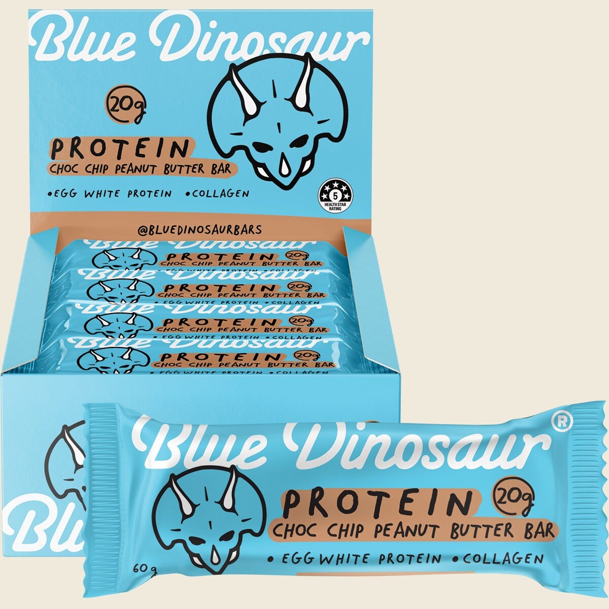 Blue Dinosaur Choc Chip Peanut Butter Protein Bar 60g Pack of 12 Combo