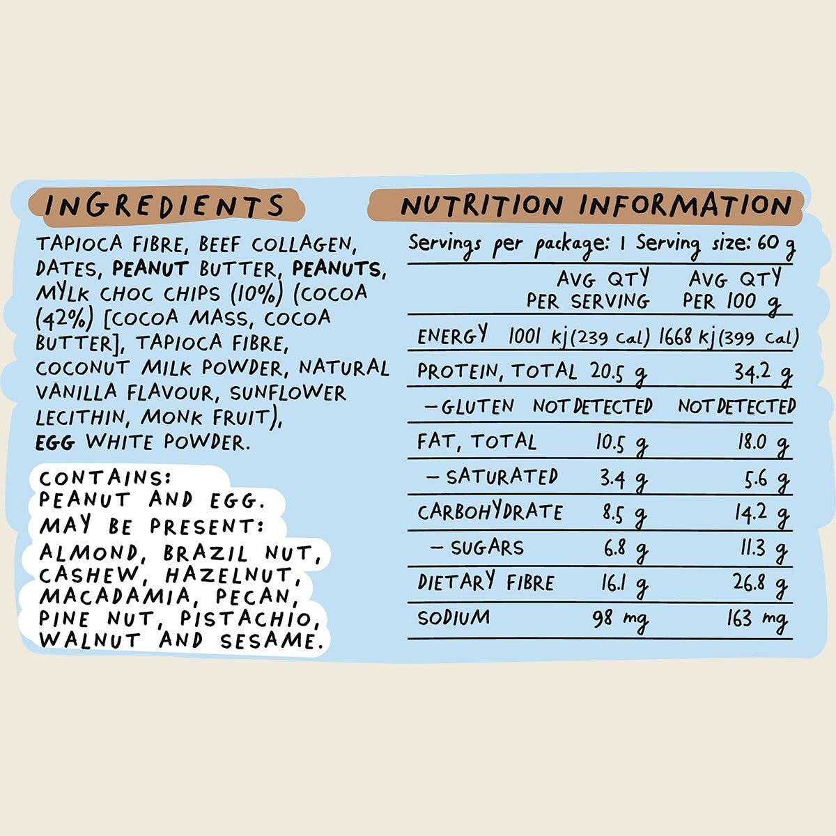 Blue Dinosaur Choc Chip Peanut Butter Protein Bar 60g Pack of 12 Nutritional Information