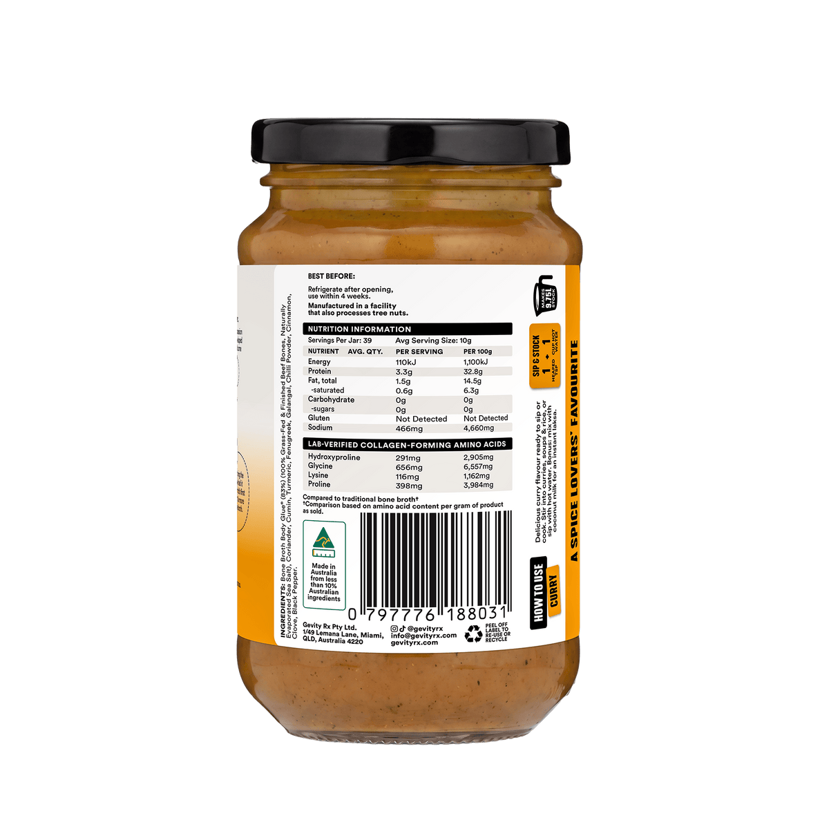 Gevity Rx Curry Bone Broth Concentrate 390g nutrition information panel