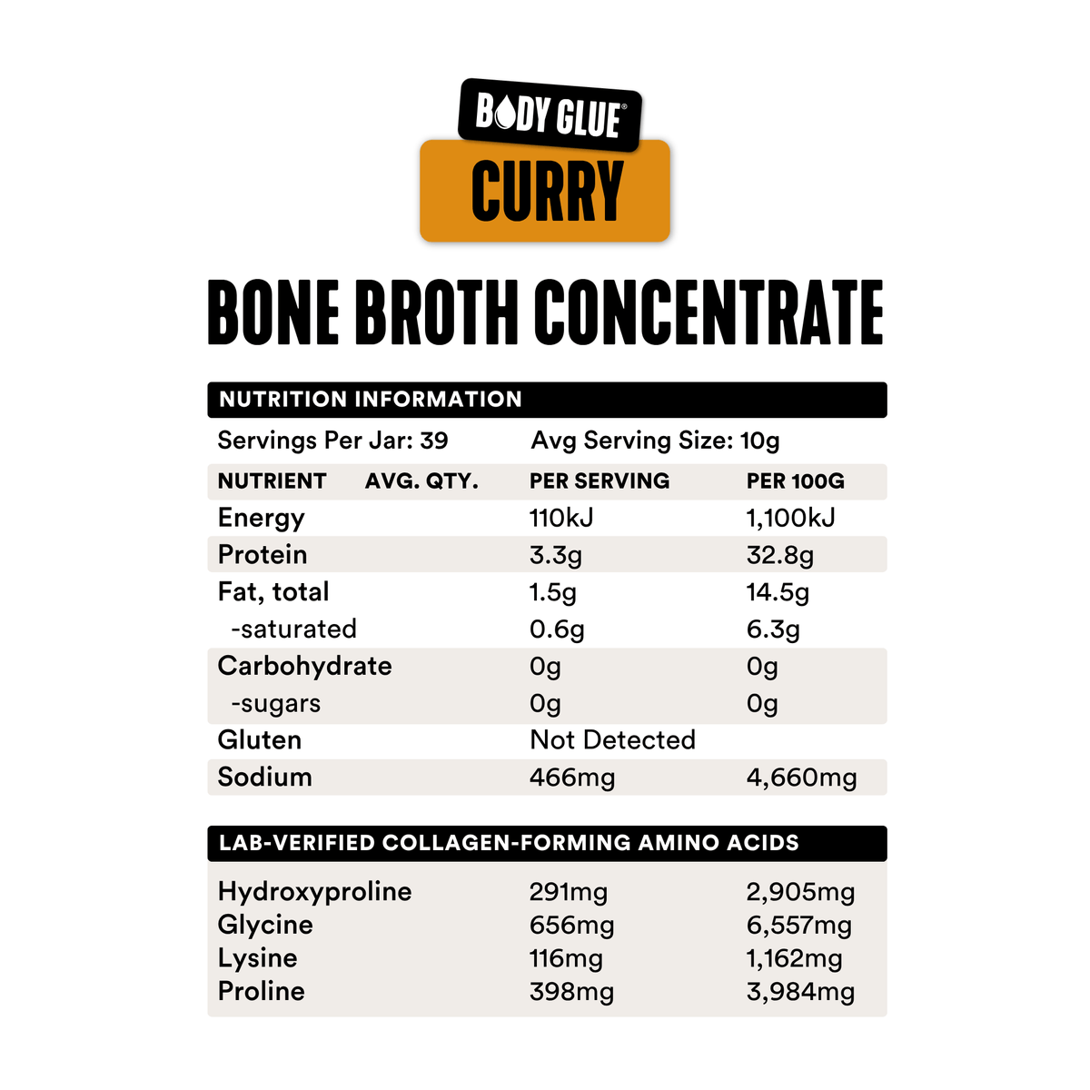 Gevity Rx Curry Bone Broth Concentrate 390g nutrition information panel