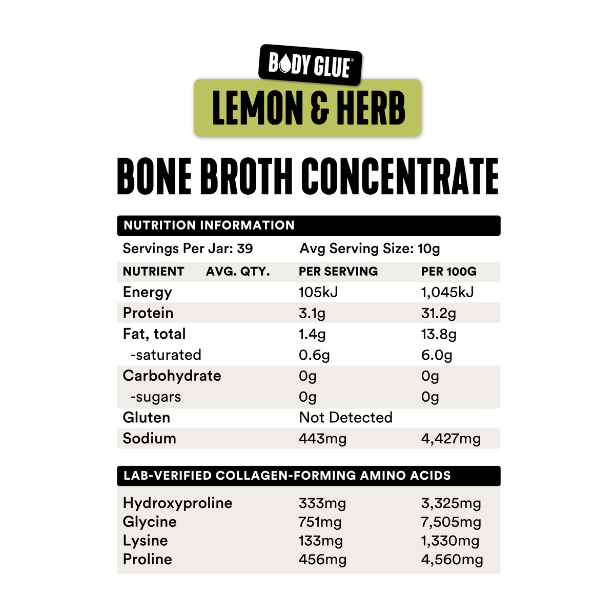 Gevity Rx Lemon & Herb Bone Broth Concentrate 390g nutrition information panel