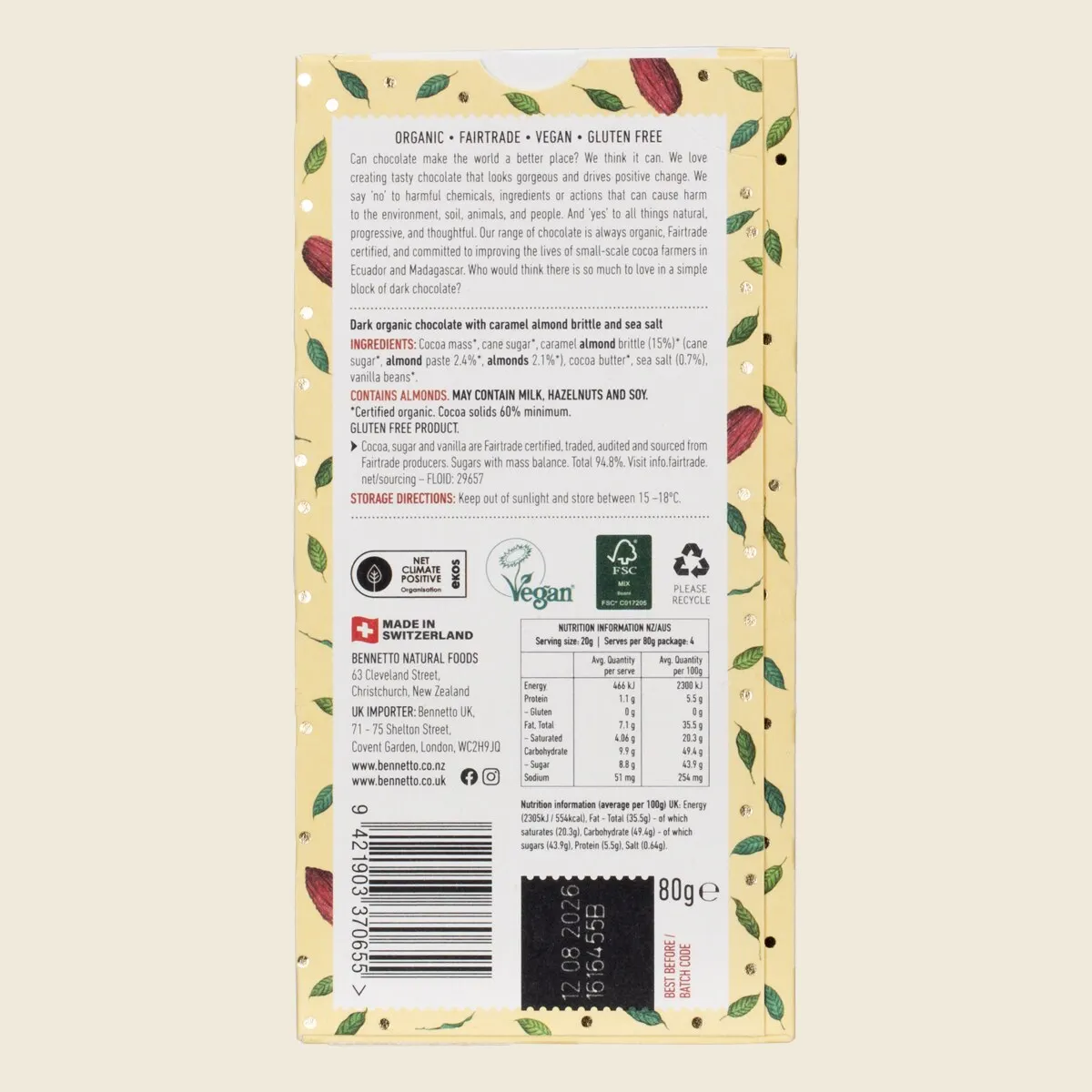 Bennetto Organic Dark Chocolate Dark Crunchy Caramel 80g Back